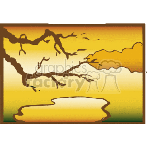 Stylized Sunset Landscape with Tree Silhouette and Serene Lake