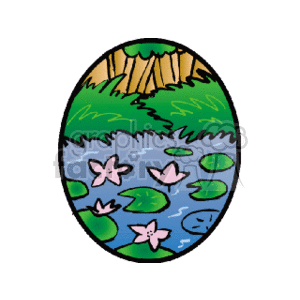 This clipart image depicts a tranquil pond scene encapsulated within an oval frame. It features a body of blue water with several pink lilies and green lilypads floating on the surface. Surrounding the pond are thick patches of green grass, and in the background, a fence or wooden barrier is visible. The overall impression is of a serene, natural water landscape, potentially found in a garden or park.