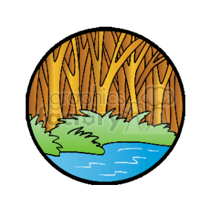   The clipart image depicts a stylized circular scene with a dense collection of tree trunks that represent a forest or woods. In the foreground, there