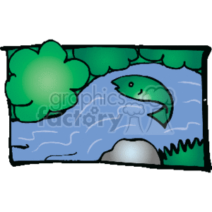   The clipart image depicts a stylized river or lake scene with a green fish that resembles a salmon, indicated by its distinct shape and coloration. The fish is swimming in the blue water, and the scene is framed by green foliage, possibly trees or shrubs on the top left corner, and there