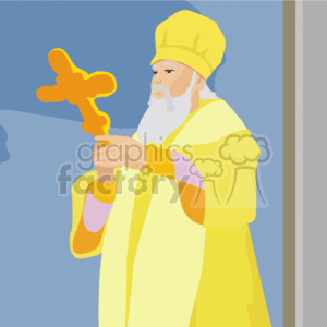 The clipart image depicts a religious figure, possibly a priest or a cleric, holding a cross. The person has a beard and is dressed in religious garments, including a hat that suggests a high ecclesiastical rank. The individual appears to be praying or performing a religious ritual.
