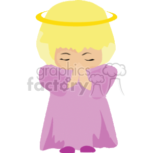   The clipart image depicts a child, likely a girl, dressed as an angel with closed eyes and hands clasped together in prayer. The child has a halo above her head, which is a common symbol of angelic or holy presence. She is wearing a purple garment that might be interpreted as a robe, which is often associated with religious attire. The child