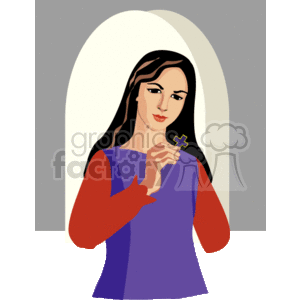   The clipart image depicts a woman in a contemplative pose, holding a small cross, which suggests she is engaged in prayer or religious reflection. The background is simplistic with a neutral grey tone and an arched white shape that might represent a window or a halo, often associated with religious or spiritual contexts. 