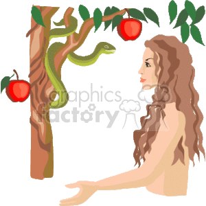 This clipart image depicts a scene often associated with the biblical account of the Garden of Eden. It contains a tree with red apples, a green snake coiled around its branches, and a woman with long brown hair who appears to be reaching out or interacting with the snake. The woman is depicted as naked, which is in line with many artistic interpretations of the story of Adam and Eve from the book of Genesis.