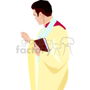   The image shows a clipart representation of a man who appears to be a priest or clergy member in a religious context, holding a book that could be a bible or prayer book. He