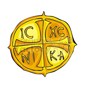 A gold religious cross pendant featuring the inscription IC XC NI KA.