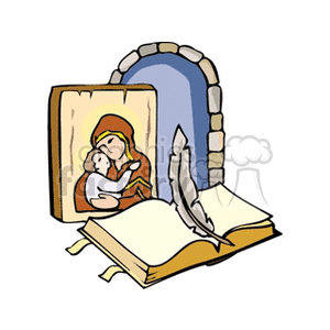 Clipart image featuring a religious scene with an open Bible, a feather quill, an icon of Mary holding baby Jesus, and a stone archway.