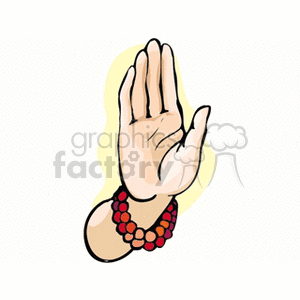 A clipart image of a raised hand with a red beaded bracelet, symbolizing a religious gesture or blessing.