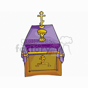 Illustration of an Orthodox church altar with a decorative cloth, chalice, and a cross.