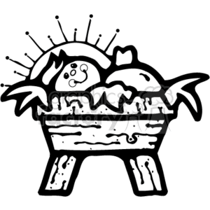 The clipart image shows a stylized representation of Baby Jesus in a manger, which is often associated with a nativity scene during Christmas. Key visual elements include:
- A baby (Baby Jesus), depicted with a halo of light or radiance around the head, indicating divinity.
- The baby is lying in a manger, symbolizing the humble birthplace as described in Christian nativity narratives.
- The baby appears to be swaddled in cloth.
- There are leaves or possibly palms extending from behind the manger, which could symbolize peace or heralding the significant birth.
