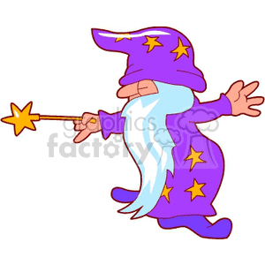 A cartoon wizard with a long white beard and purple robe, holding a magic wand.