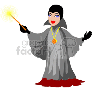 A clipart image of a fantasy character resembling a witch or wizard, dressed in a gray robe and holding a glowing wand.