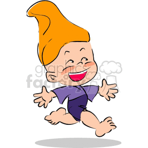 A cartoon depiction of a cheerful gnome with a tall orange hat and a purple outfit, happily running.