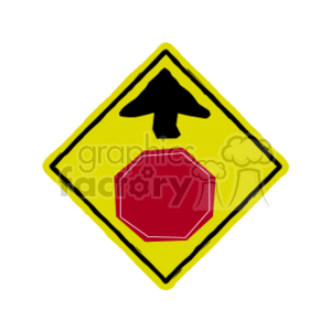 The image displays a yellow diamond-shaped sign with a black border containing the symbol of an upward-pointing arrow above a red octagon, which resembles a stop sign.