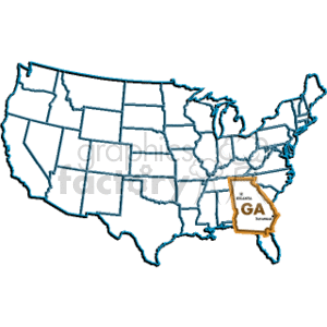 This clipart image shows a map of the United States with state boundaries outlined. The state of Georgia (GA) is highlighted on the map and is marked with a signboard that has the state abbreviation GA and the word Georgia on it.