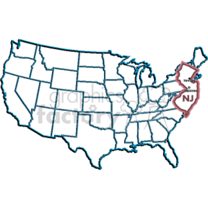 This clipart image shows an outline map of the United States with the state of New Jersey highlighted. There is an inset that magnifies New Jersey, with a label reading NJ emphasizing its location on the East Coast.
