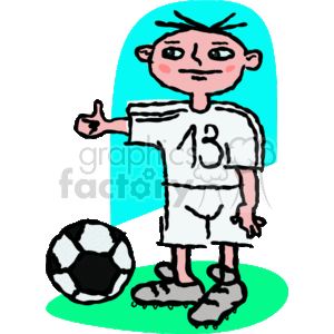 The clipart image contains a cartoon drawing of a soccer player. The character is standing with a soccer ball at their feet and is making a thumbs-up gesture. They are wearing a sports outfit, which includes a shirt with the number 13 on it, shorts, and soccer cleats. The background features a simple representation of a playing field.