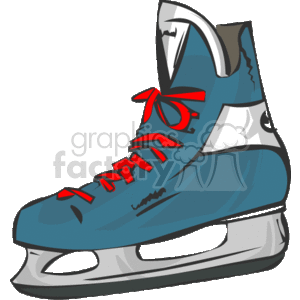 The clipart image shows a single blue ice skate with red laces. The skate has a grey blade at the bottom, which is used for gliding on the ice.