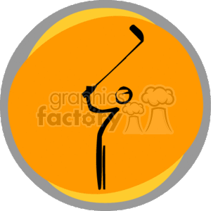 The clipart image shows a stylized representation of a golfer mid-swing. The imagery is simple and consists of a few lines depicting the golfer holding what appears to be a golf club, positioned as if they are about to hit a golf ball. The background of the image is a circular orange field with a grey border.