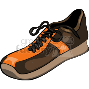 The image is a piece of clipart depicting a single sneaker. The shoe has a retro or vintage design, with a prominent orange color on the side panels, set against a darker brown base color. The sneaker features black laces and seems to have a classic silhouette that could suggest it's meant for running or casual wear. There are no runners or a racetrack visible within this specific image; only the shoe is shown.