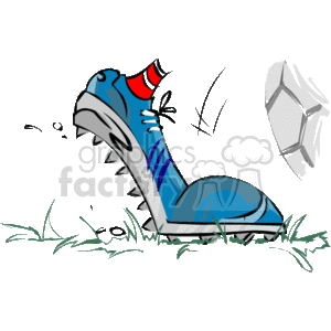   The clipart image depicts a cartoon-style soccer cleat kicking a soccer ball. The cleat is blue with white and purple accents, and it
