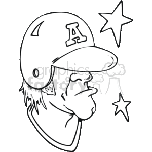 The clipart image depicts a cartoon-style side profile of a person wearing a baseball cap with the letter A on it, which suggests they might be a player from a baseball team. The person also appears to be wearing a helmet, indicating that they are in a batting or playing situation. Additionally, two stars are visible in the image, one larger near the top right and a smaller one toward the bottom. The stars could imply that the player is seeing stars, usually a visual metaphor for being dazed or hit, adding a humorous element to the illustration.