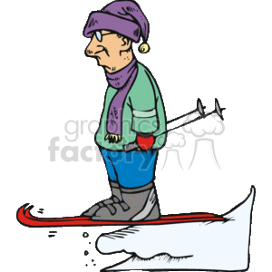 The clipart image displays a cartoon figure who appears to be skiing. The figure is wearing a winter hat, scarf, gloves, a sweater, and ski boots, and is standing on a pair of skis with ski poles in one hand. The character's posture and facial expression suggest they may be inexperienced or apprehensive about skiing, which adds a humorous element to the image.