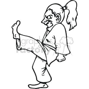   The clipart image shows a humorous depiction of a character, presumably a female based on the hairstyle, performing a karate kick. The character is wearing a karate gi, which is the traditional uniform for karate practice and competition, and has one leg raised in a kicking position. The expression on the character