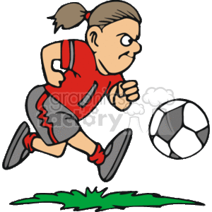The clipart image portrays a caricature of a girl playing soccer. She is depicted in a dynamic pose, suggesting that she is running and possibly about to kick a soccer ball, which is positioned to her right. The girl is wearing a red sports top and shorts, with black detailing that indicates athletic wear. She has her hair tied back in a ponytail, and her focused expression conveys determination and competitive spirit. The ground beneath her is stylized in green, representing a playing field.
Concise SEO Title:
Funny Female Soccer Player Clipart - Girl Kicking Football Illustration