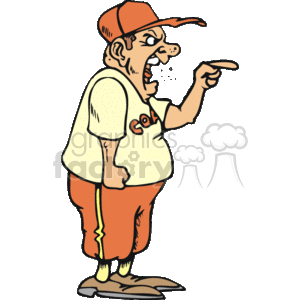 This clipart image features a cartoon depiction of a sports coach who appears to be yelling or expressing anger. The coach is wearing a cap, a light-colored t-shirt with the word COACH written on it, and orange shorts with a yellow stripe. He is pointing his finger, and there are small lines coming from his mouth, suggesting a loud vocal expression. His facial expression includes a frown and a furrowed brow, indicating he is upset or mad.
