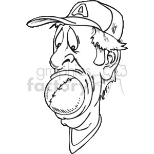 Black and white man with a baseball in his mouth