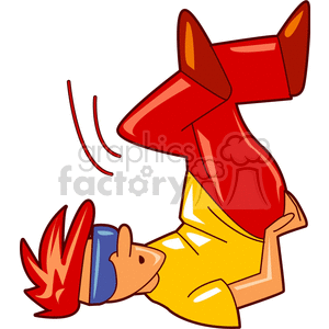 A colorful clipart image of a person breakdancing, wearing a yellow shirt, red pants, red shoes, and a blue headband. The person is depicted in an upside-down pose, balancing on their shoulders with legs in the air.