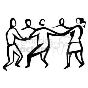 A stylized black and white clipart image showing four abstract human figures holding hands in a circle, representing togetherness and unity.