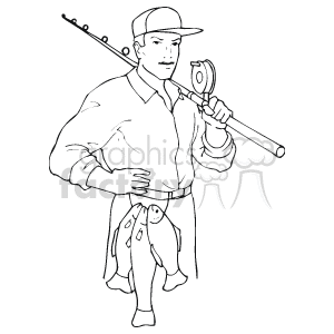 The clipart image features an illustration of a fisherman ready for a fishing adventure. He is carrying a fishing rod over his shoulder and appears to be wearing a fishing outfit with a cap, a shirt, and pants, possibly with a tie around his waist that could be indicative of a makeshift apron or towel used during fishing.
