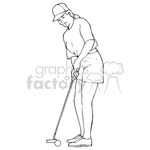 This clipart image features a golfer in a poised stance, ready to swing at a golf ball. The golfer is dressed in typical golf attire including a cap, shirt, shorts, and shoes. They are holding a golf club and focusing on the ball at their feet.