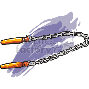   The image depicts a nunchaku, which is a traditional martial arts weapon consisting of two sticks connected by a chain. It