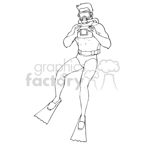   The image is a black and white clipart of a scuba diver. The diver is equipped with fins, a dive mask, and a scuba tank, which are essential gear for underwater exploration. The diver