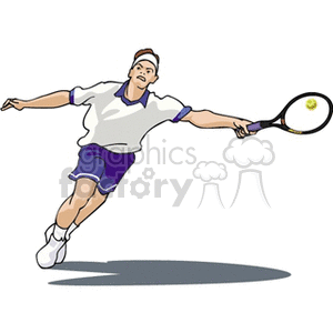 Man with blue shorts hitting a tennis ball
