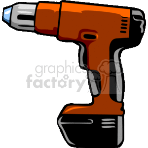 The clipart image features a cordless drill, which is a common power tool used for drilling holes and driving screws. The drill is depicted in a simplified and stylized fashion, with details such as the chuck, trigger, and battery pack being easily identifiable.