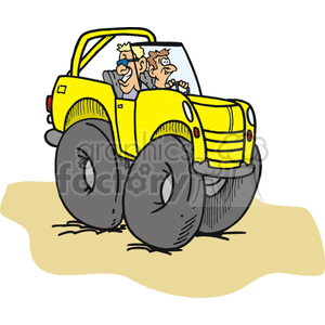 Cartoon yellow convertible truck with two guys in it