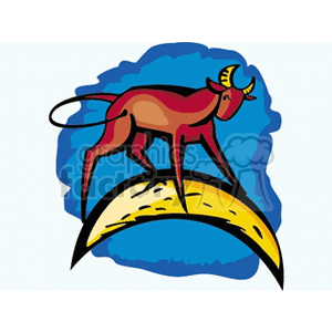 A colorful clipart illustration of a bull, representing the Taurus zodiac sign, standing on a yellow crescent moon against a blue background.