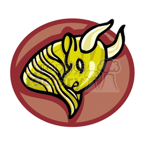A clipart image of a Taurus zodiac sign represented by the head of a bull with large horns, colored in yellow and brown with a red circular background.