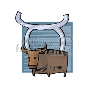 Clipart image featuring the Taurus zodiac sign represented by a bull with large horns in front of a blue background.
