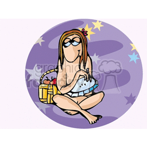 A clipart image of a person sitting cross-legged with a content expression, holding a lyre, against a background of stars, possibly representing one of the star signs related to horoscopes. There is a picnic basket with an apple beside them.