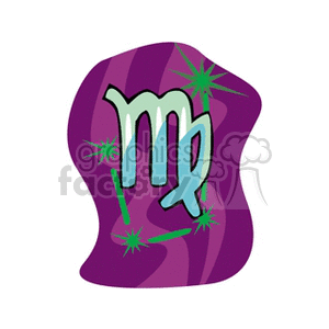 This clipart image features the Virgo zodiac sign symbol, illustrated with a stylized 'M' and 'P' design in green on a purple background with star-like accents.