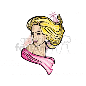An elegant illustration of a woman with flowing blonde hair, accentuated with a star and wearing a pink off-shoulder top, symbolizing star signs and horoscopes.