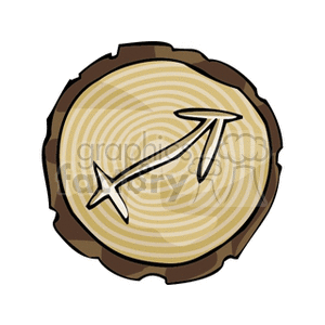 Clipart image of the Sagittarius zodiac sign symbol carved into a cross-section of a tree trunk.