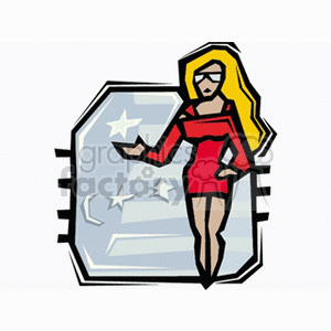 A clipart image depicting a stylized woman in a red dress with long blonde hair, standing in front of a background featuring stars, symbolizing astrology and horoscopes.