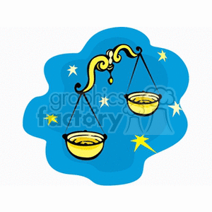 Clipart image of the Libra zodiac sign featuring a set of scales against a starry blue background.