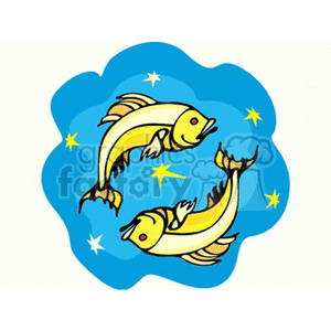 Colorful clipart image featuring two fish swimming in opposite directions, with stars in the background, representing the Pisces zodiac sign.